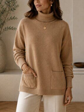 Max Studio Merino Wool Turtleneck Tunic Sweater M Camel Pockets Relaxed Fit New